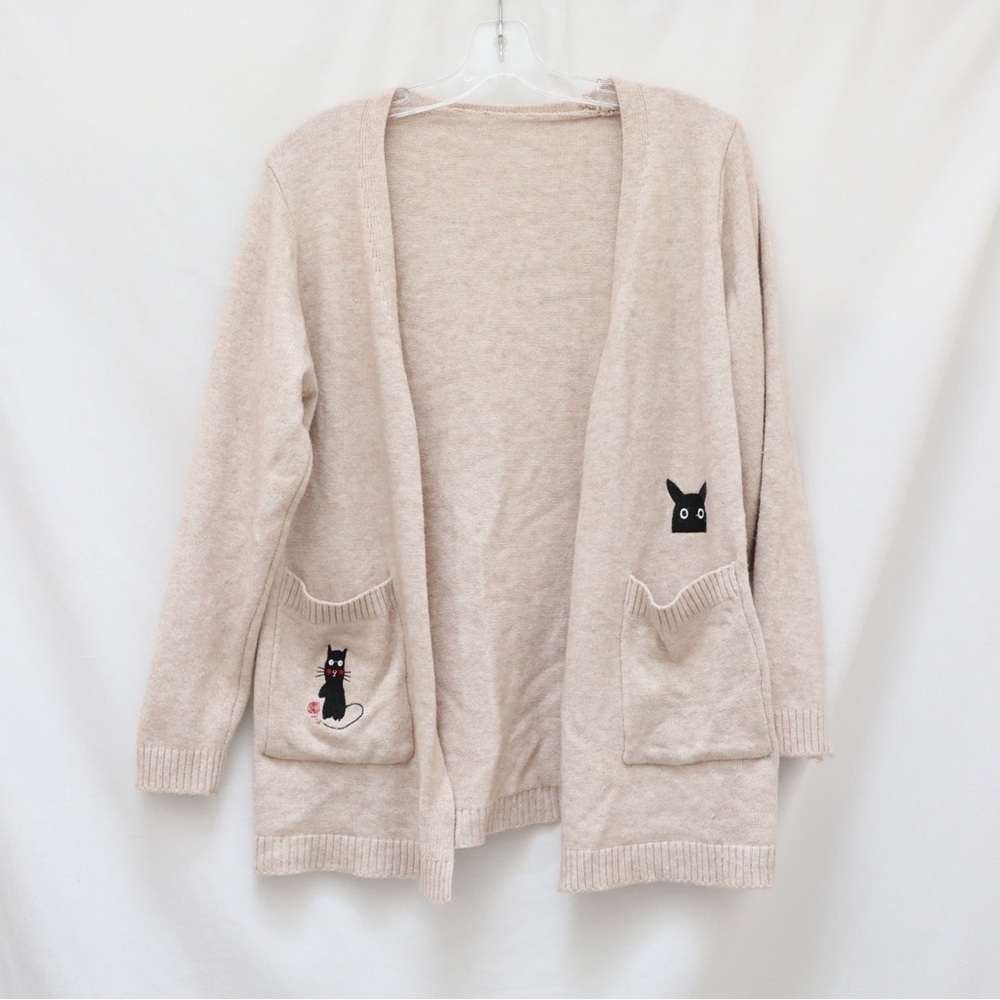 Embroidered Open Cardigan Beige Tan Knit Sweater XL cartoon characters anime - Picture 2 of 8